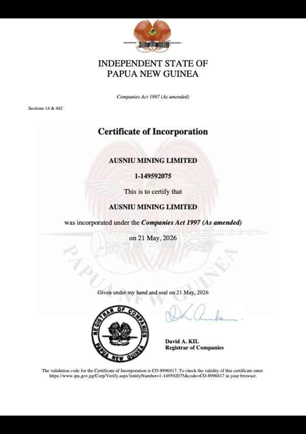 First page of the Certificate of Incorporation of AusNiu Mining Limited
